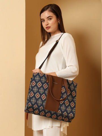 ENSAC Alexa Ikkat Blue Large Tote Bag – Stylish & Spacious Shoulder Bag for Women