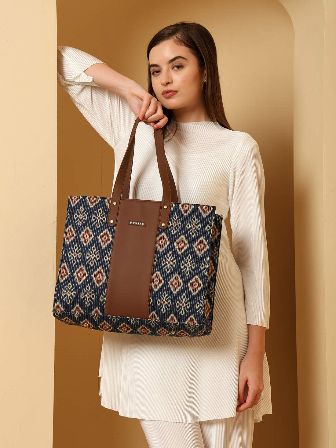 ENSAC Alexa Ikkat Blue Large Tote Bag – Stylish & Spacious Shoulder Bag for Women