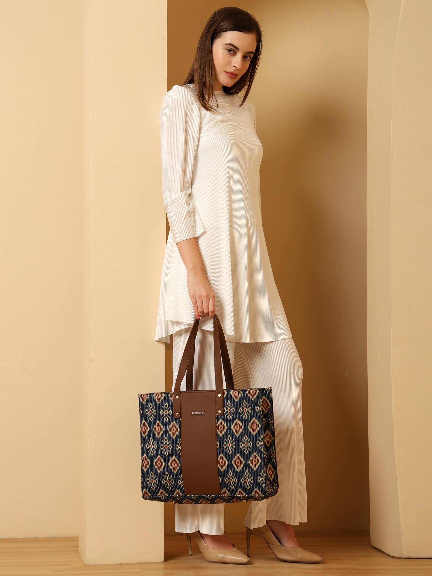 ENSAC Alexa Ikkat Blue Large Tote Bag – Stylish & Spacious Shoulder Bag for Women