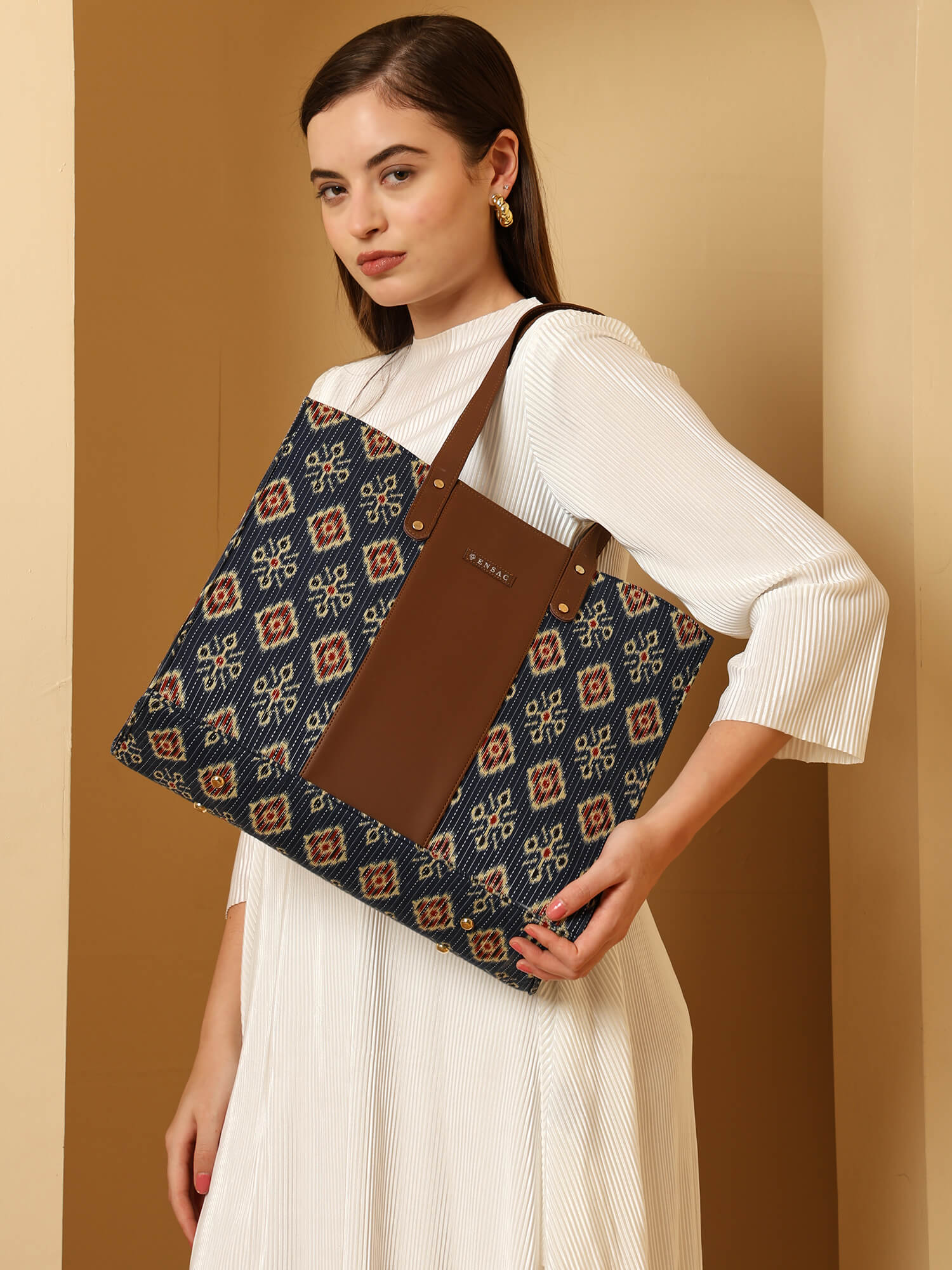 ENSAC Alexa Ikkat Blue Large Tote Bag – Stylish & Spacious Shoulder Bag for Women