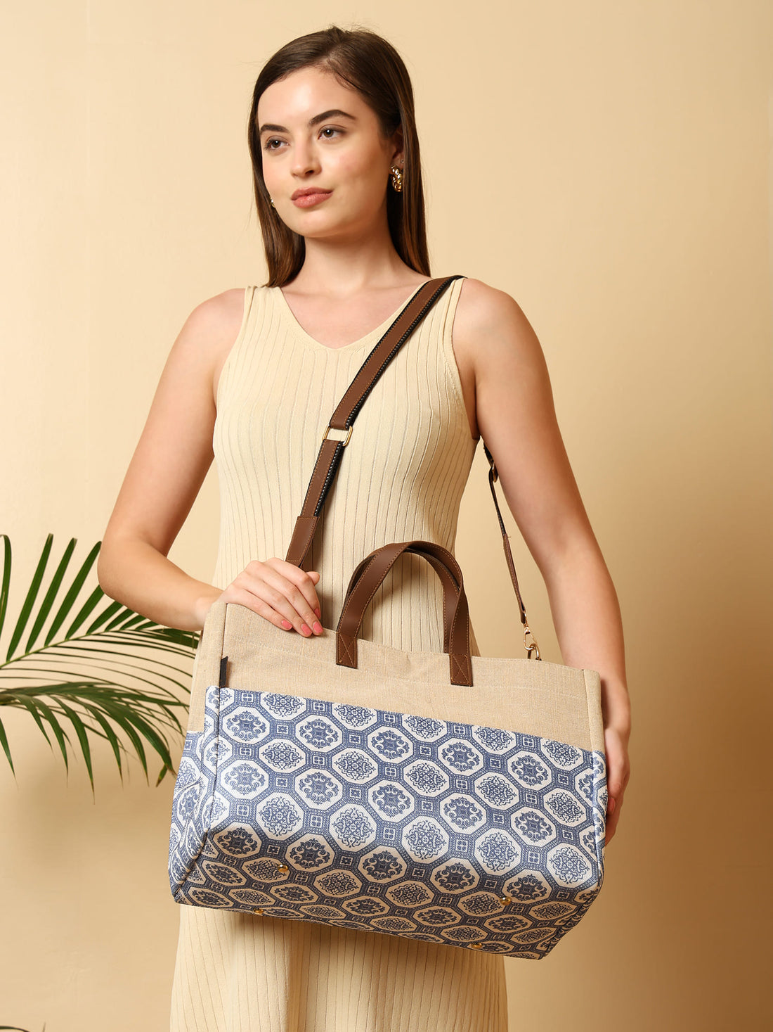 Baggy Sling Rangoli Blue Canvas Sling Bag with Jute Texture