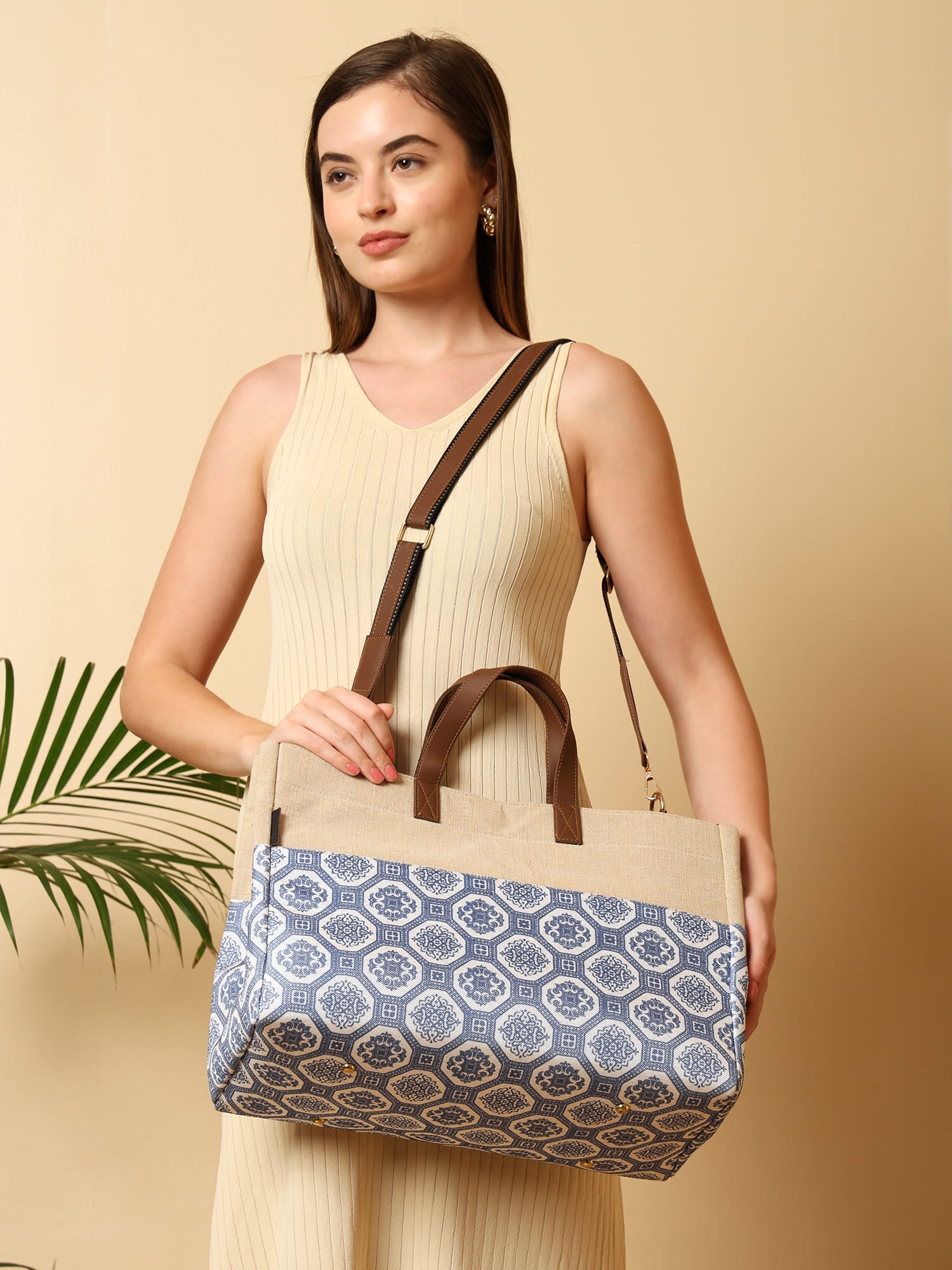 Baggy Sling Rangoli Blue Canvas Sling Bag with Jute Texture