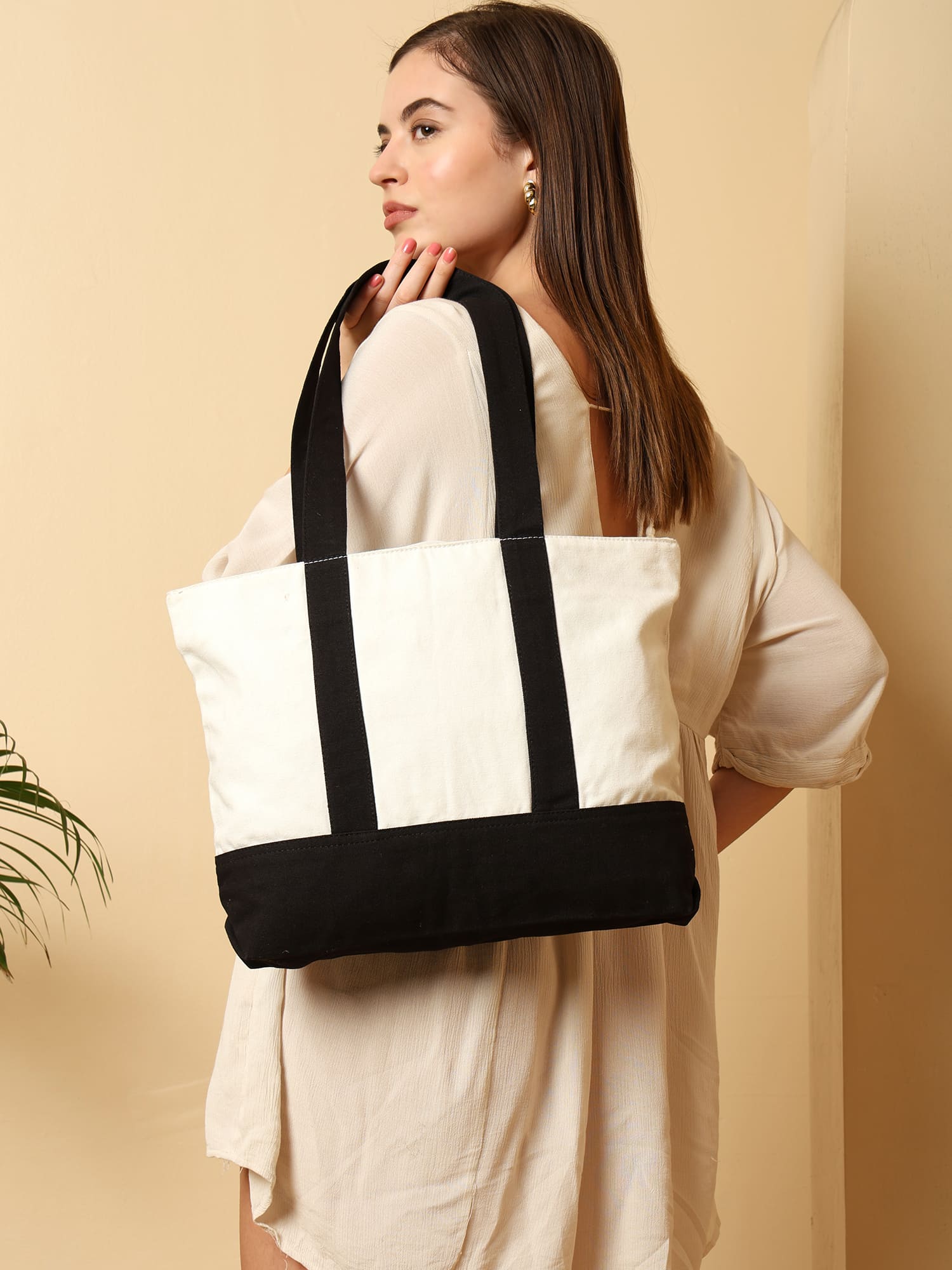 ENSAC Dual-Strap Canvas Tote Bag – White & Black
