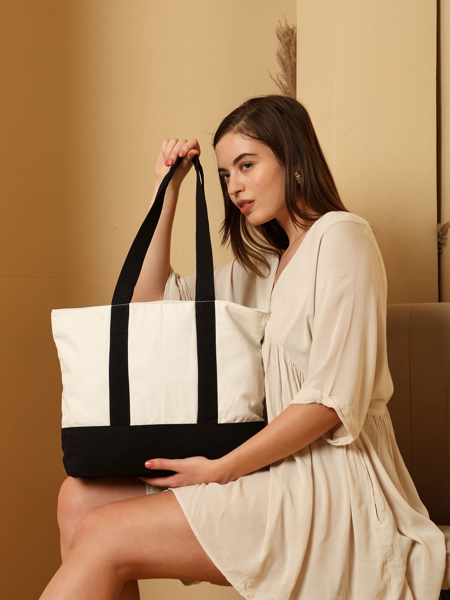 ENSAC Dual-Strap Canvas Tote Bag – White & Black