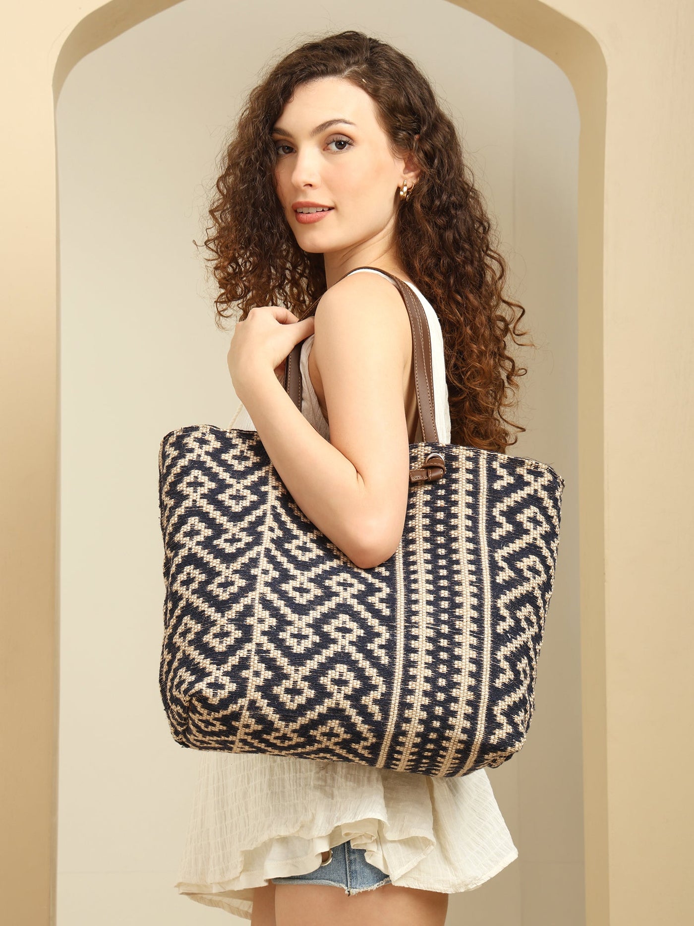 Blue Ethnic Pattern Shopping Tote Bag for Women | Stylish Fabric Carry Bag ensacworld