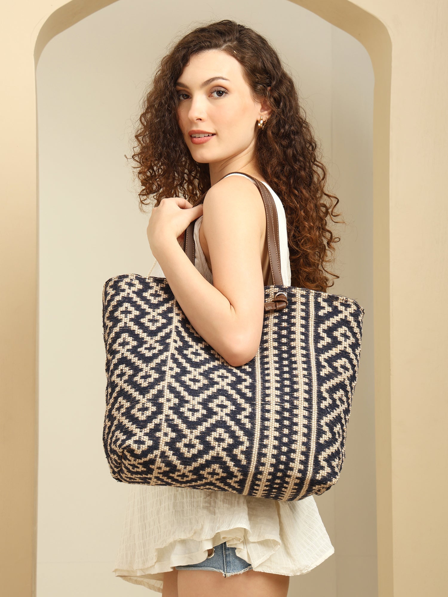 Blue Ethnic Pattern Shopping Tote Bag for Women | Stylish Fabric Carry Bag ensacworld
