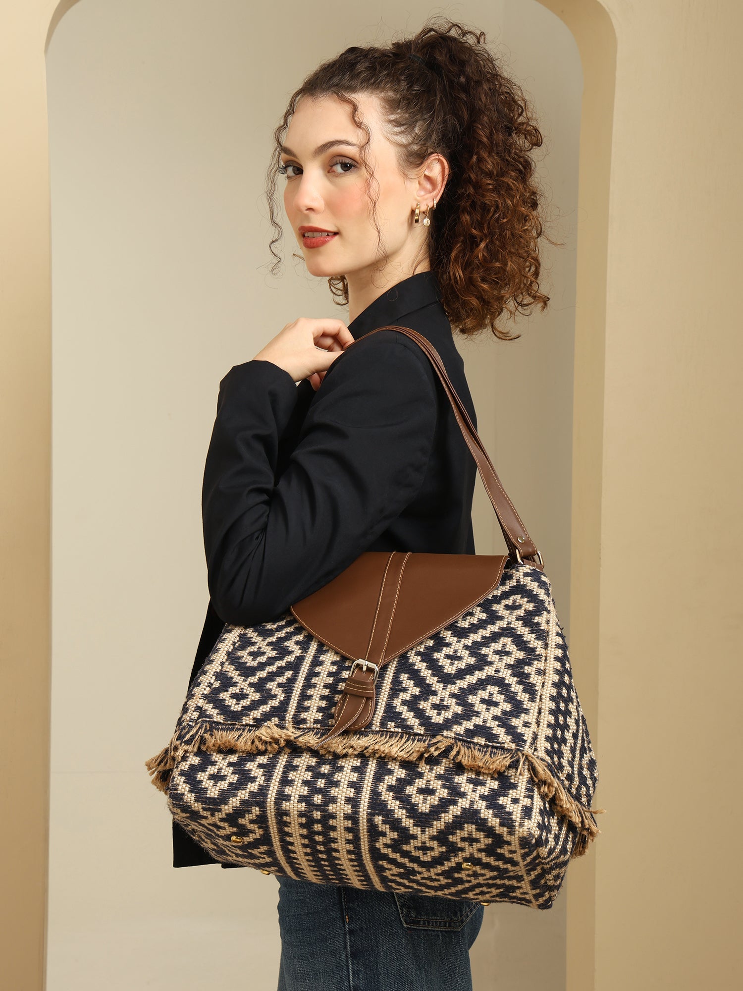 Women Ethnic Jute Handbag with Rexine Flap & Handle ensacworld