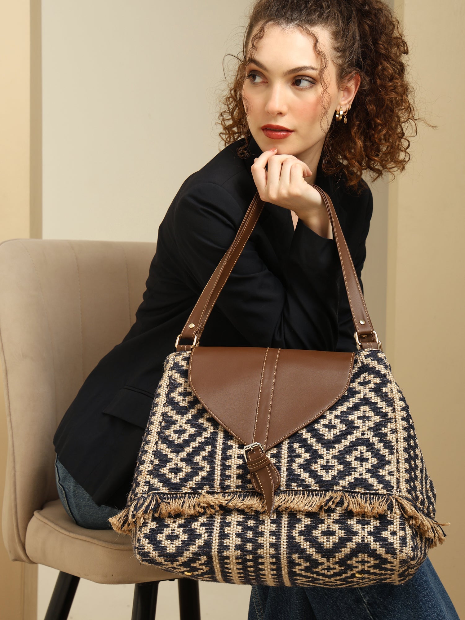 Women Ethnic Jute Handbag with Rexine Flap & Handle ensacworld