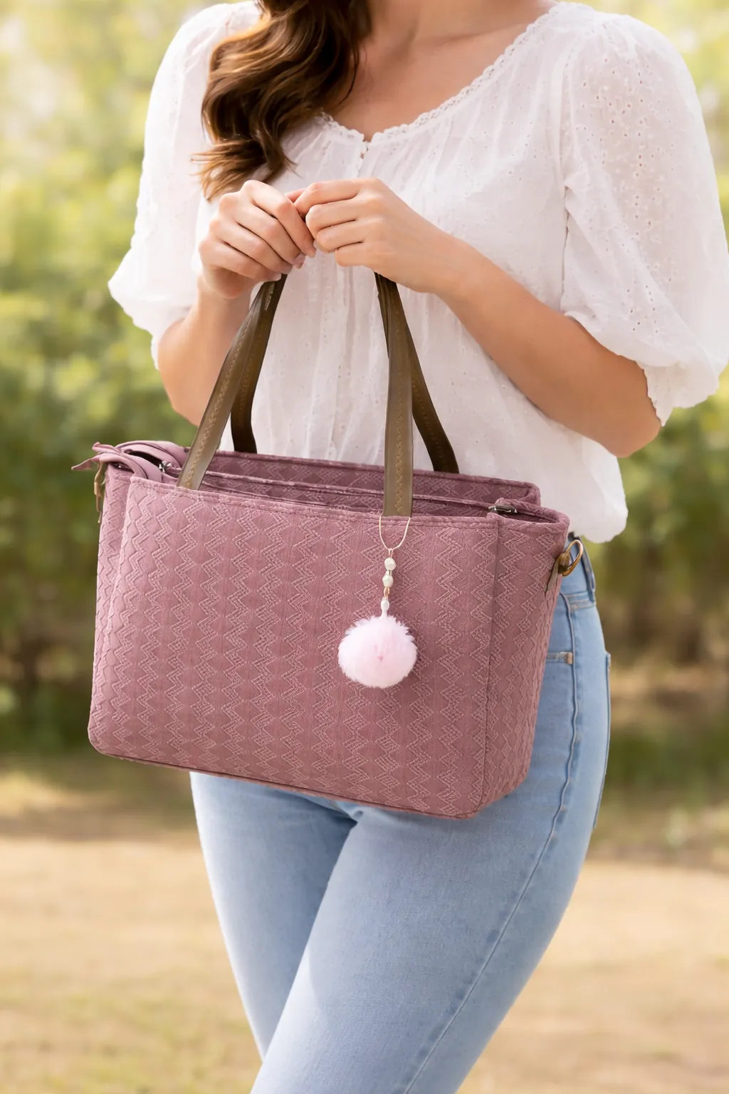 Women’s Textured Pink Tote Bag with Pom Pom Charm & Dual Handles ensacworld