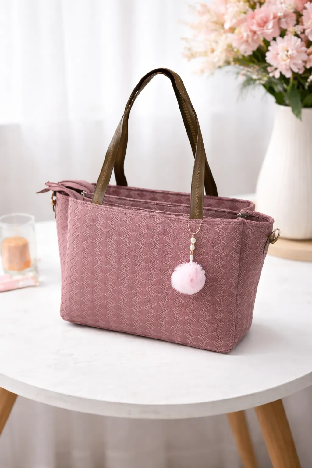 Women’s Textured Pink Tote Bag with Pom Pom Charm & Dual Handles ensacworld