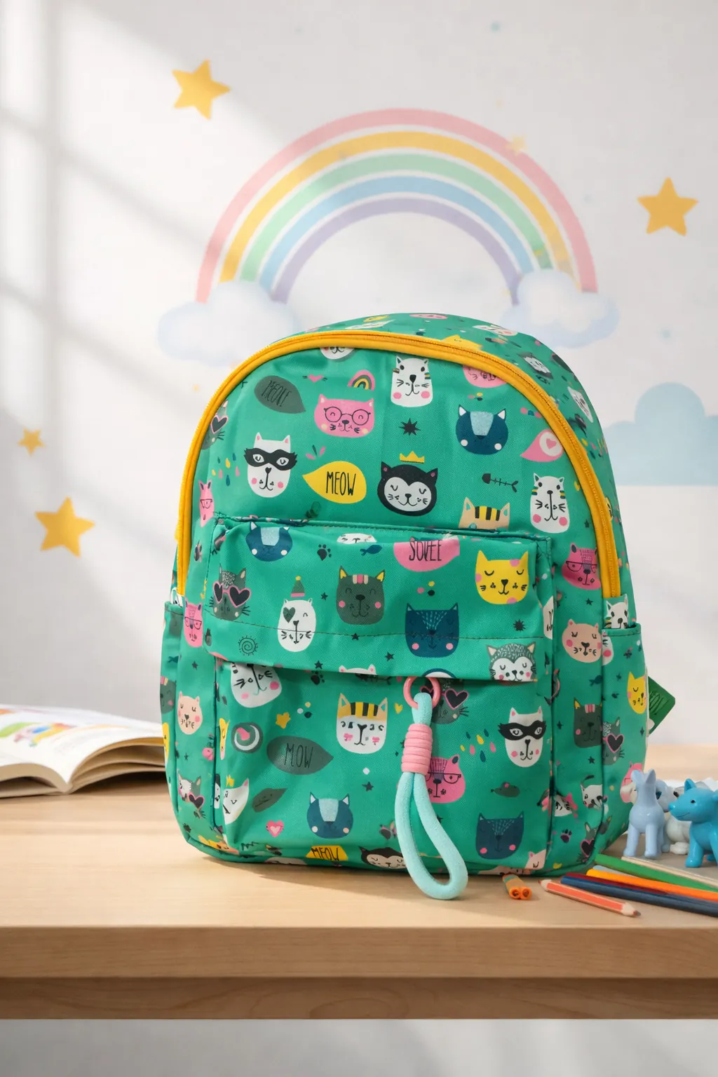 Green backpack with cat pattern on a wooden surface with a rainbow and stars in the background BY ENSAC