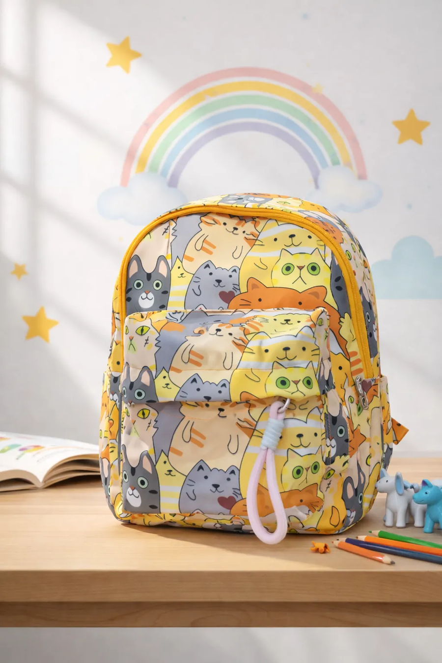 Backpack with cat pattern on a wooden surface with a rainbow and stars in the background BY ENSAC