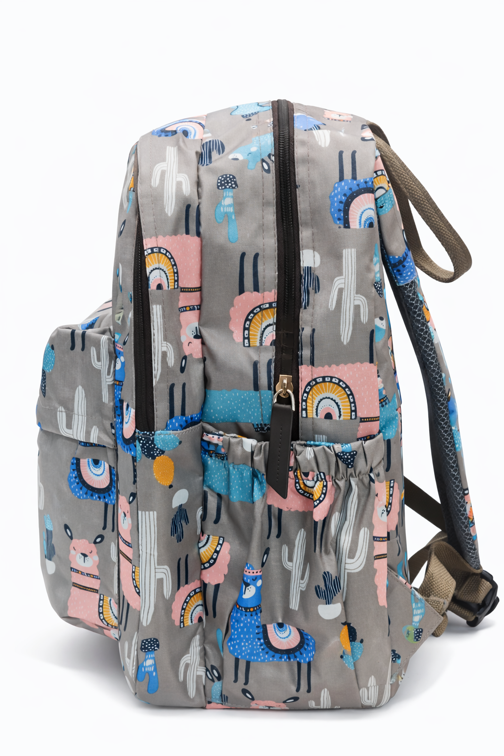 Backpack with colorful llama pattern on a gray background BY ENSAC