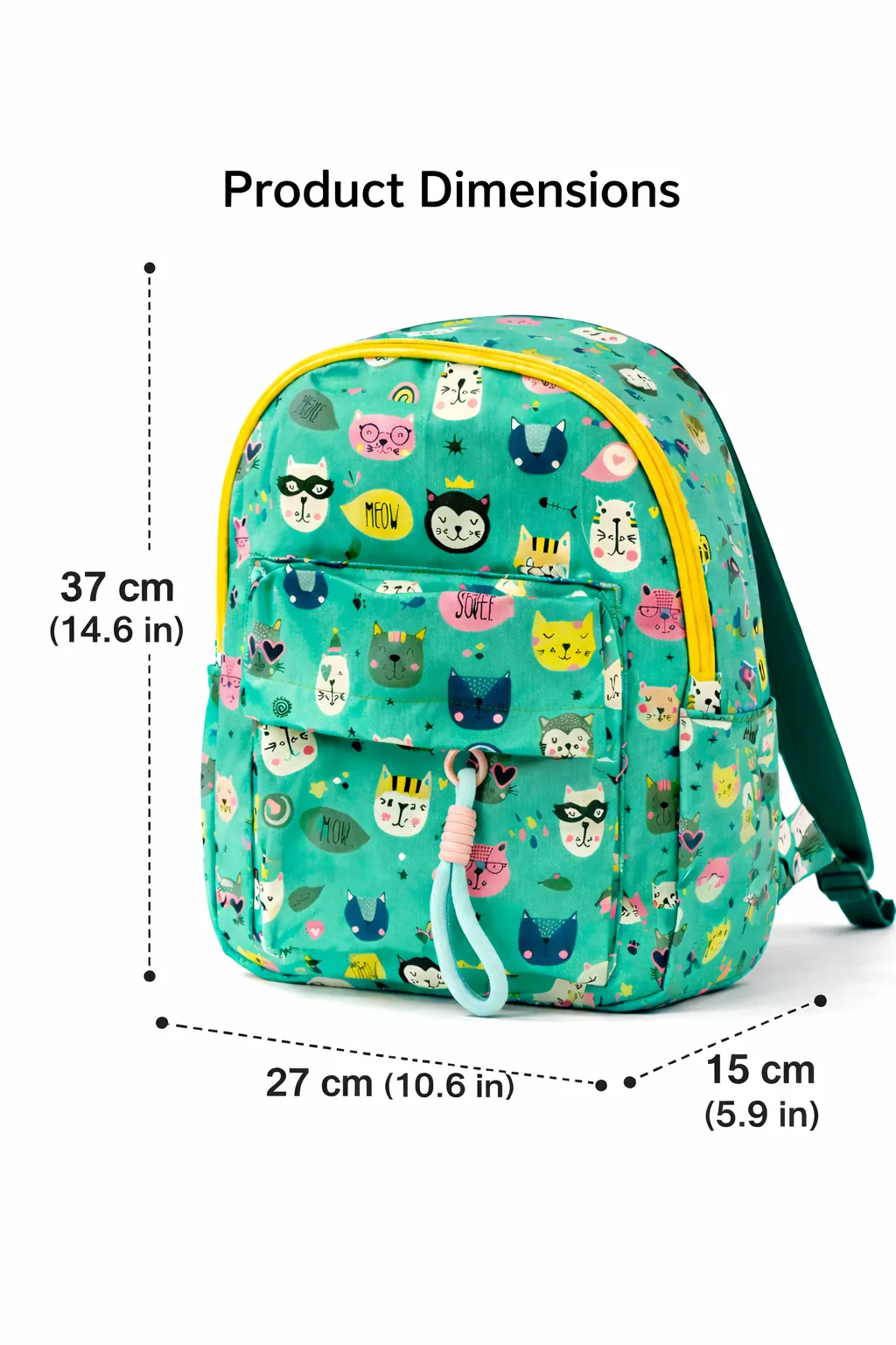 Children's backpack with cartoon cat pattern and dimensions on a white background BY ENSAC
