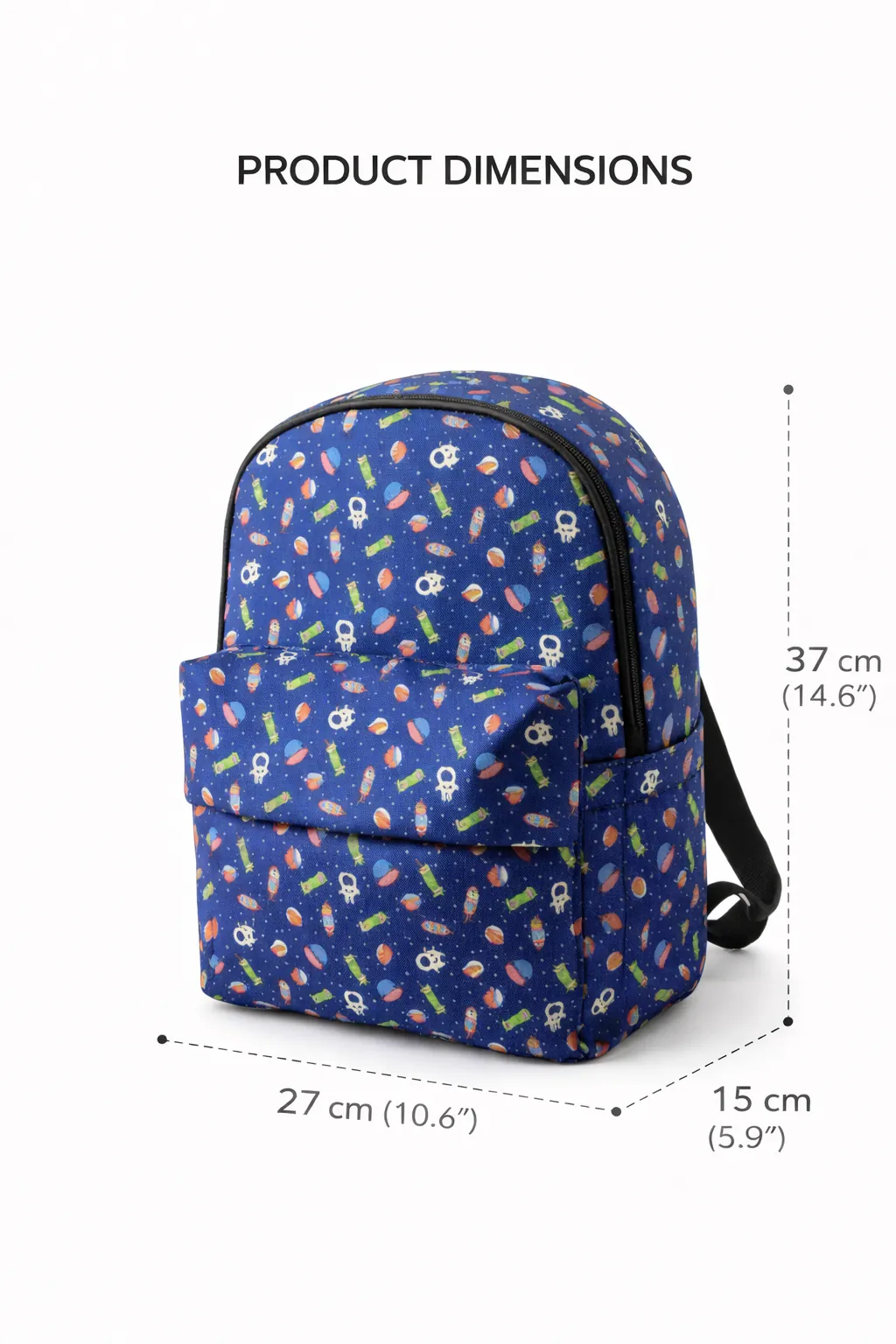 Blue backpack with colorful patterns and dimensions on a white background BY ENSAC