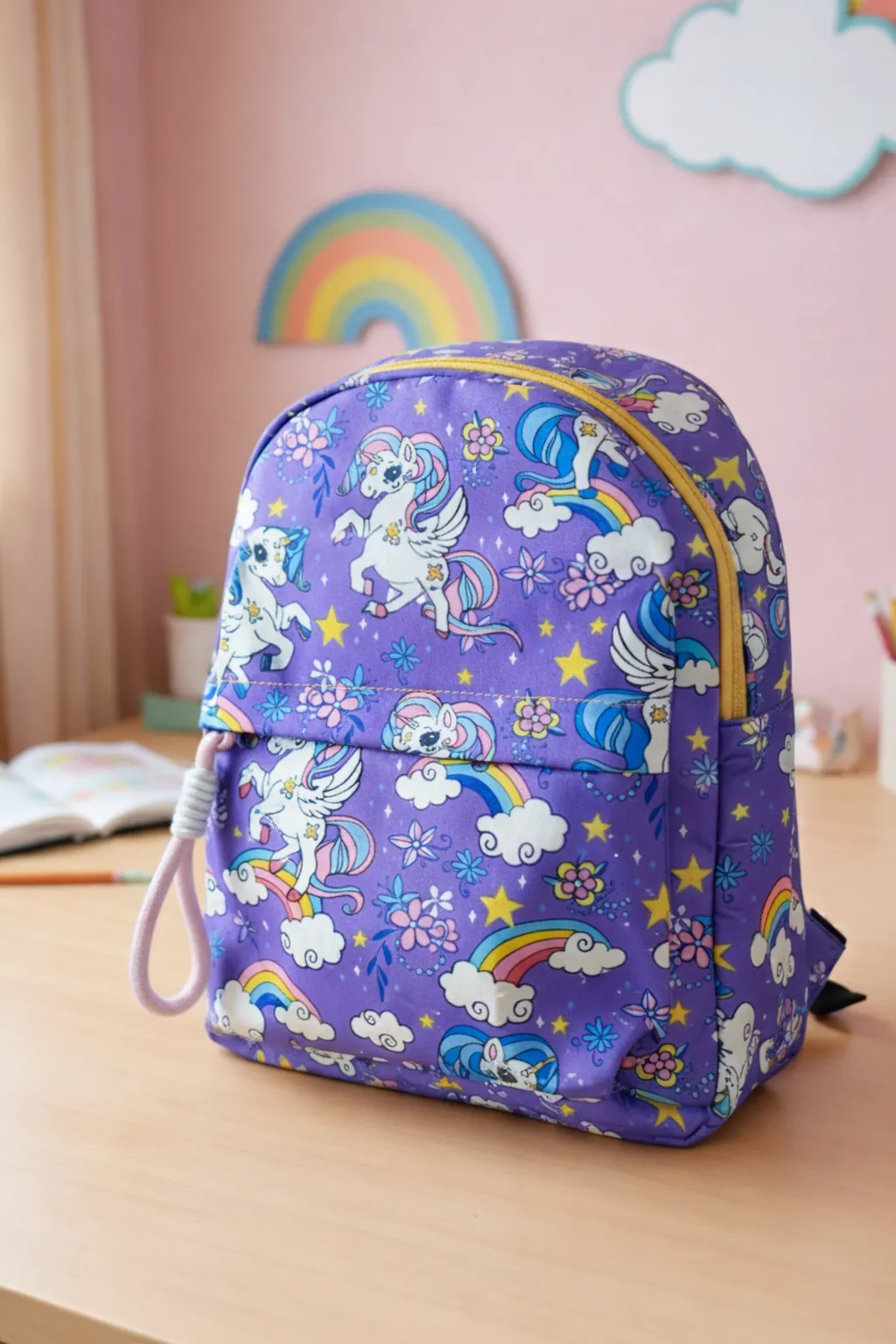 Purple backpack with unicorn and rainbow pattern on a wooden surface
BY ENSAC