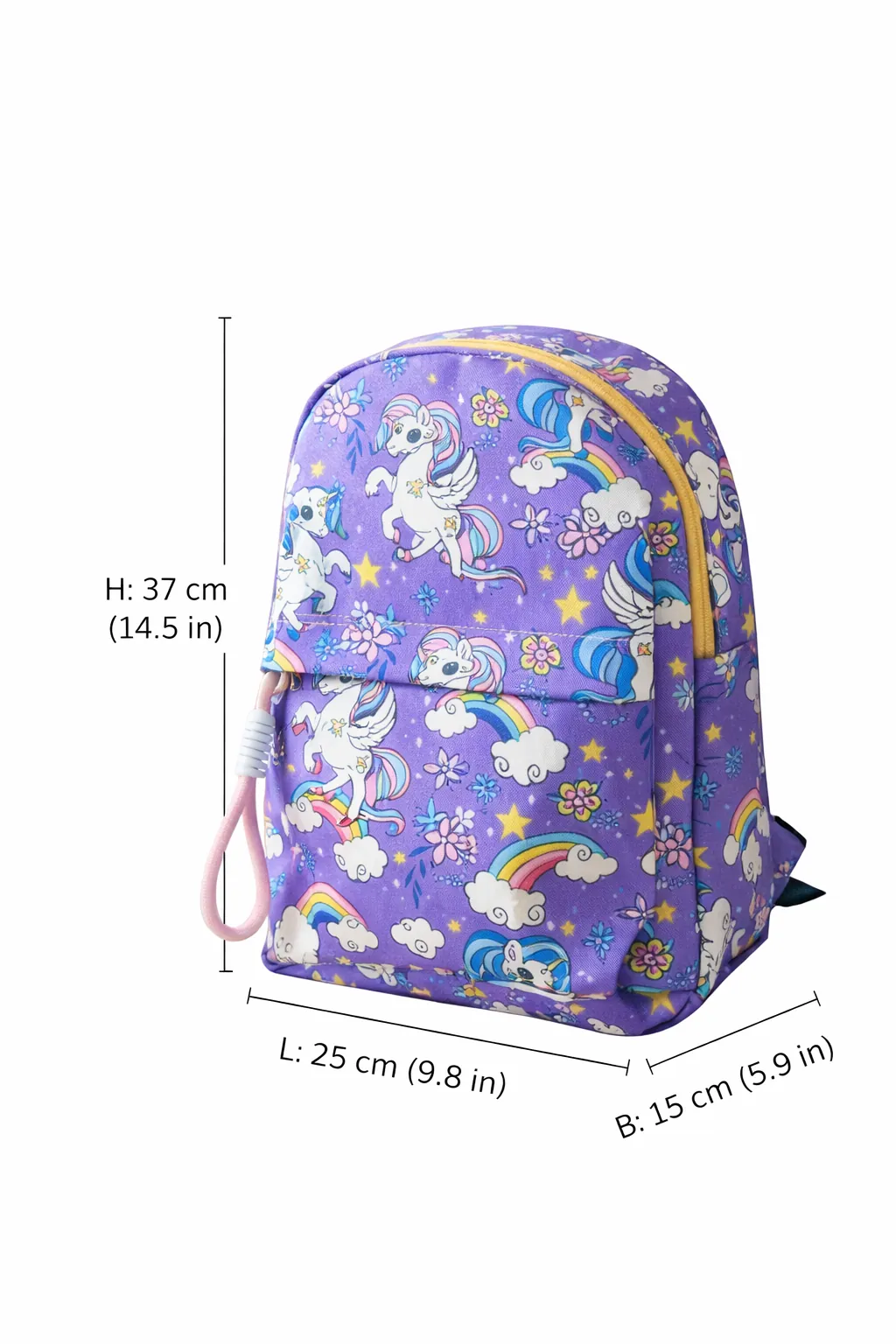 Purple backpack with unicorn and rainbow patterns, shown with measurements on a white background  BY ENSAC.