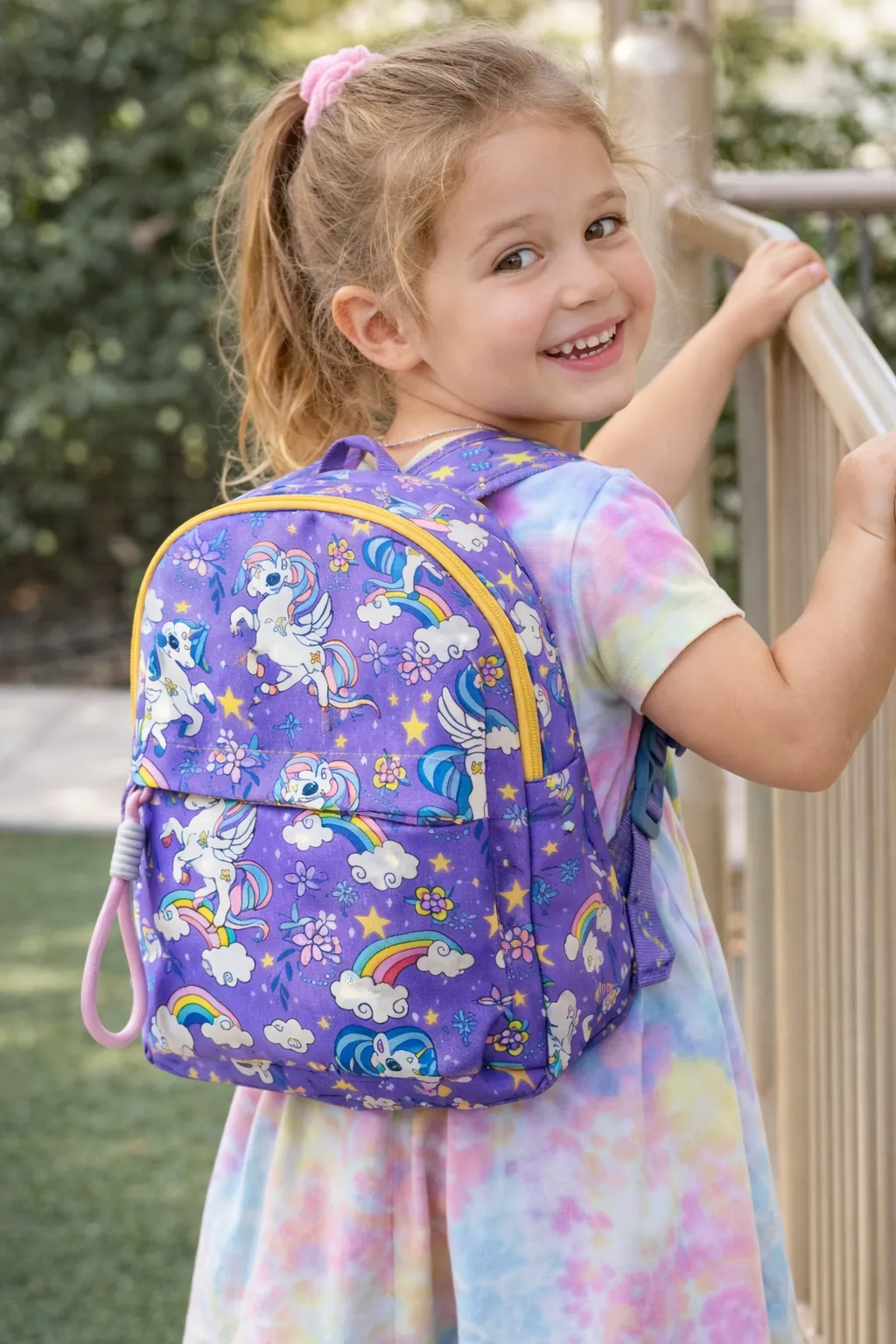 Young girl wearing a purple backpack with unicorn and rainbow designs outdoors BY ENSAC.
