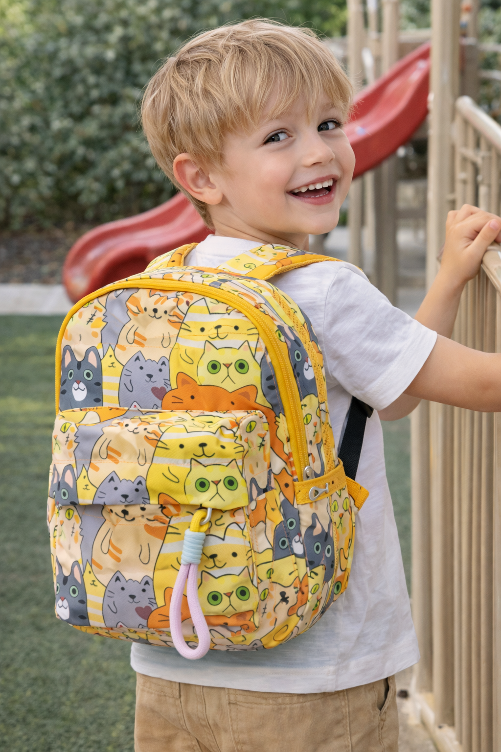 Child wearing a colorful backpack with cat patterns outdoors by ENSAC