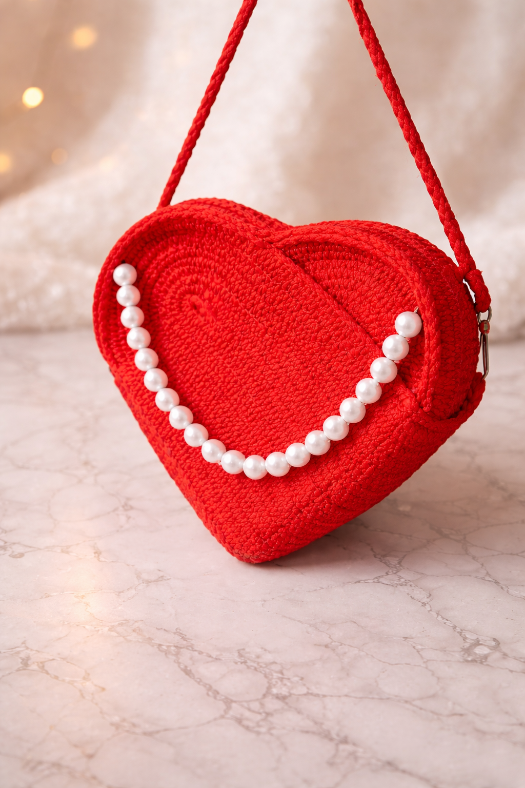 ENSAC Heart-Shaped Jute Rope Sling Bag with Pearl Detailing