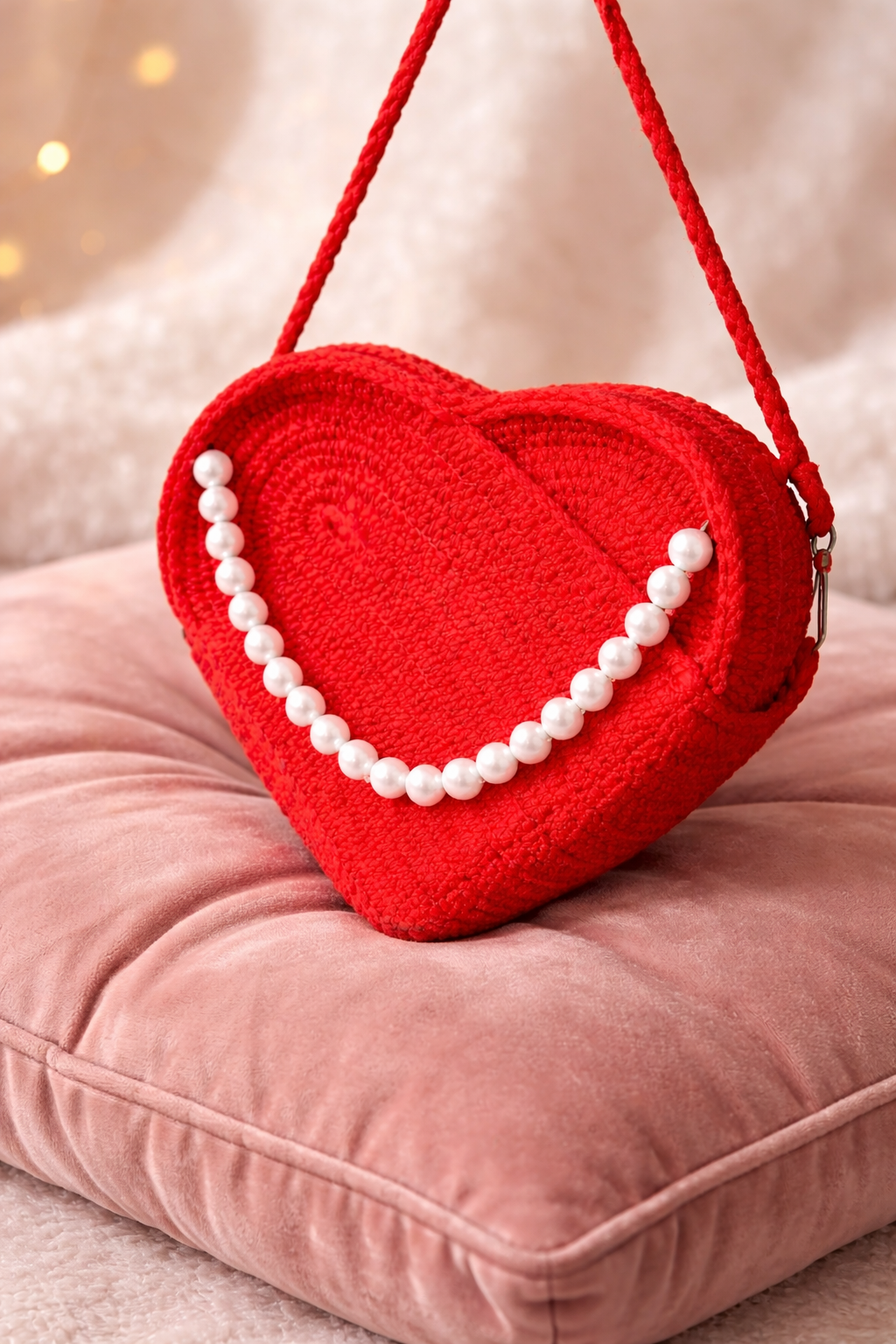 ENSAC Heart-Shaped Jute Rope Sling Bag with Pearl Detailing