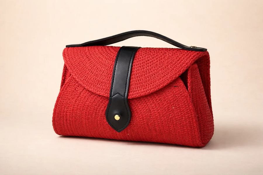 Red woven handbag with black leather strap on a beige background BY ENSAC