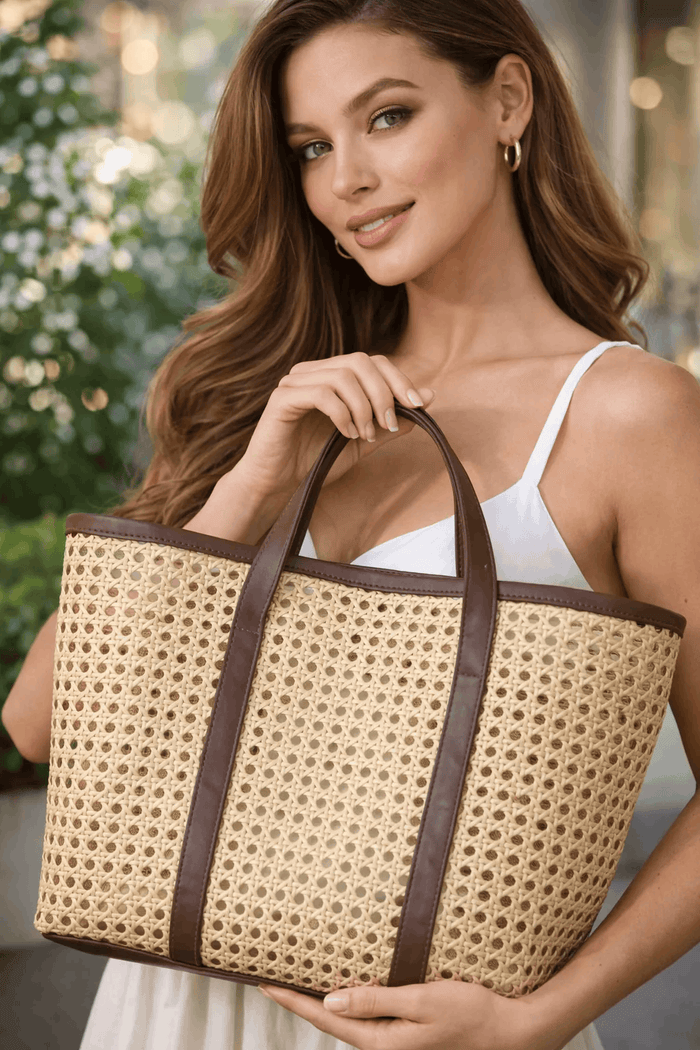 ENSAC Beige Woven Rattan Tote Bag with Vegan Leather Handles
