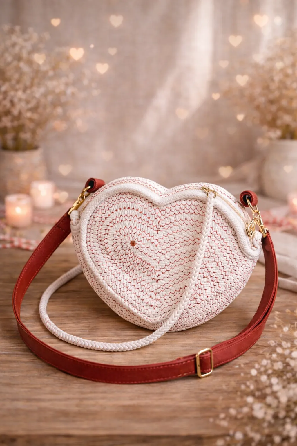 Heart-shaped woven bag with a red strap on a wooden surface with a soft, blurred background By ENSAC