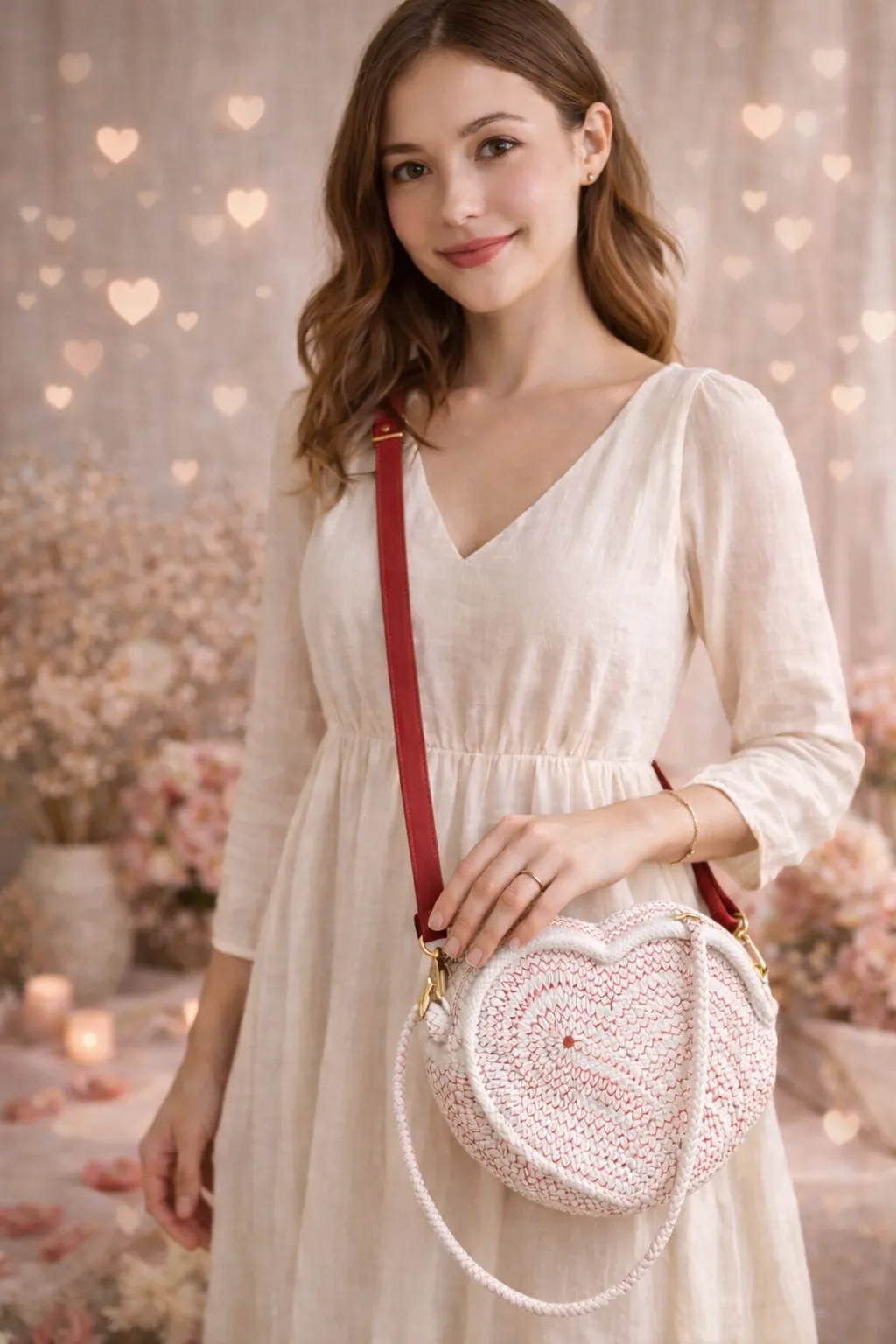 ENSAC  White & Red Heart-Shaped Jute Rope Sling Bag for Women ensacworld