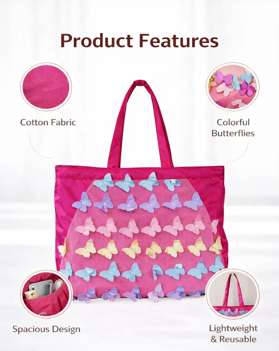 Women Butterfly Design Tote Bag | Stylish Shoulder Shopping Bag for Girls | Casual Handbag for Travel, College & Daily Use ensacworld