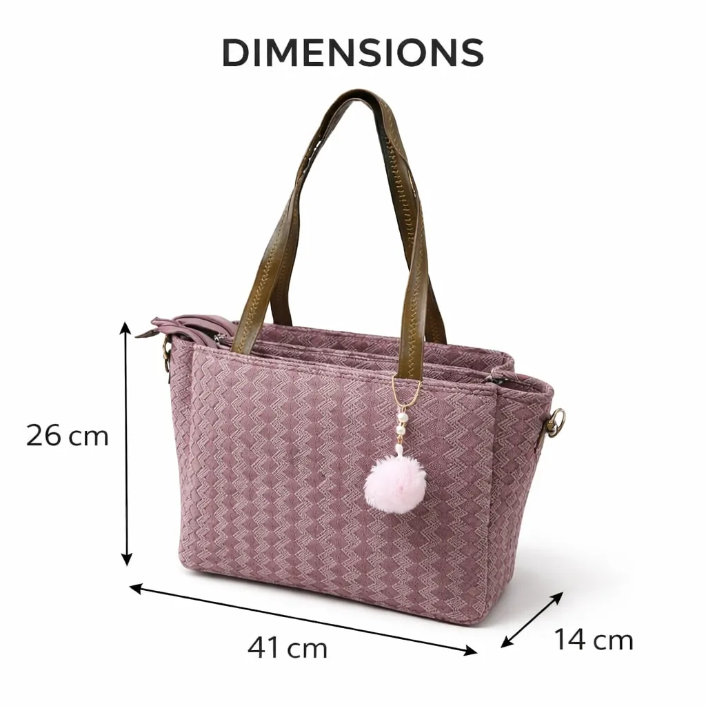 Women’s Textured Pink Tote Bag with Pom Pom Charm & Dual Handles ensacworld