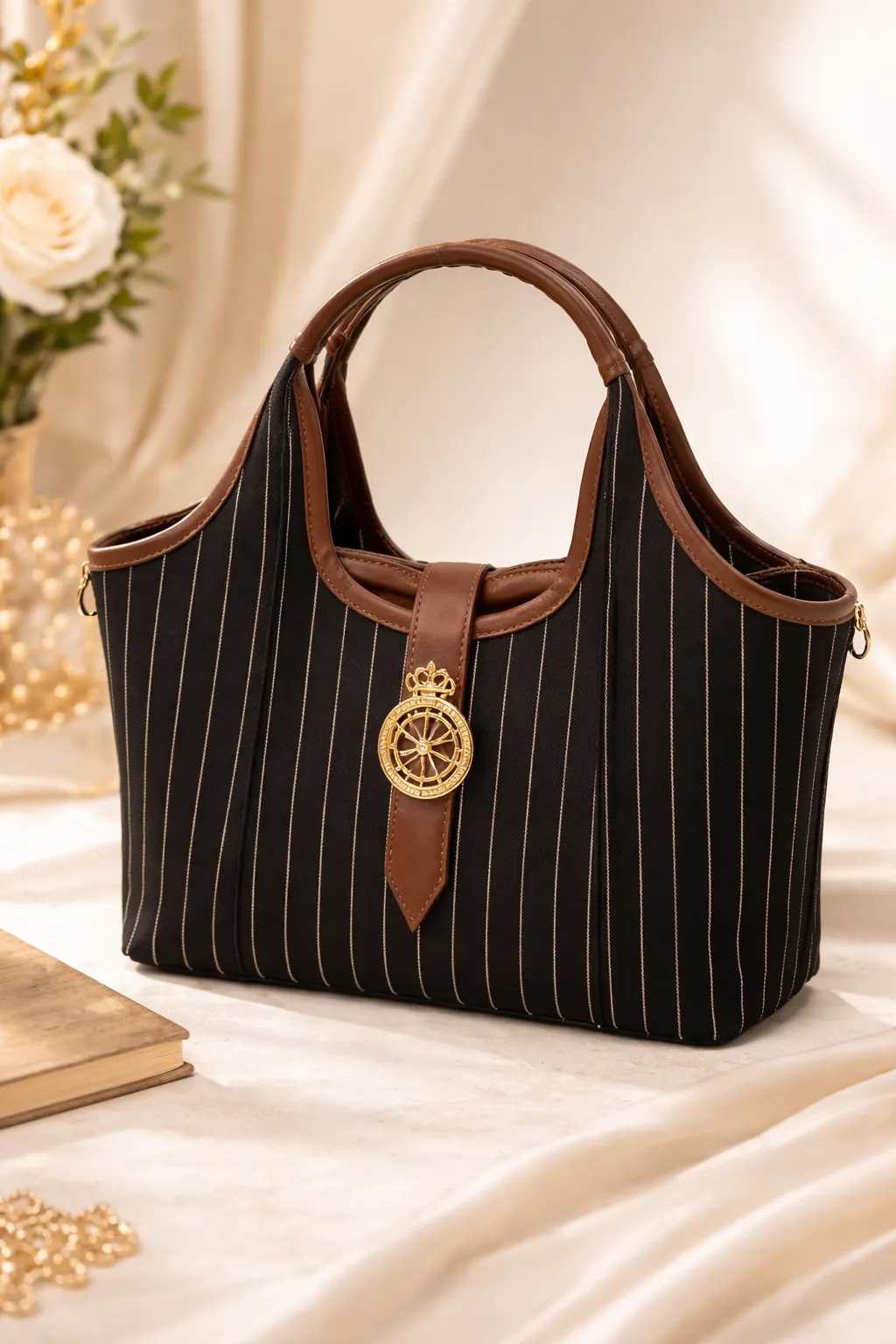 Elegant Striped Handbag for Women | Premium Fabric Tote with Brown  Handles ensacworld