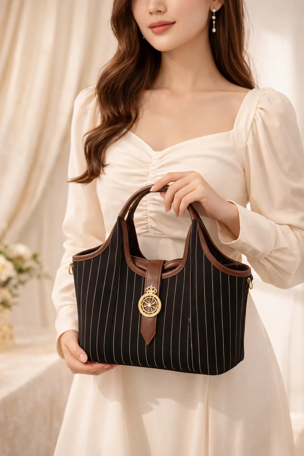 Elegant Striped Handbag for Women | Premium Fabric Tote with Brown  Handles ensacworld