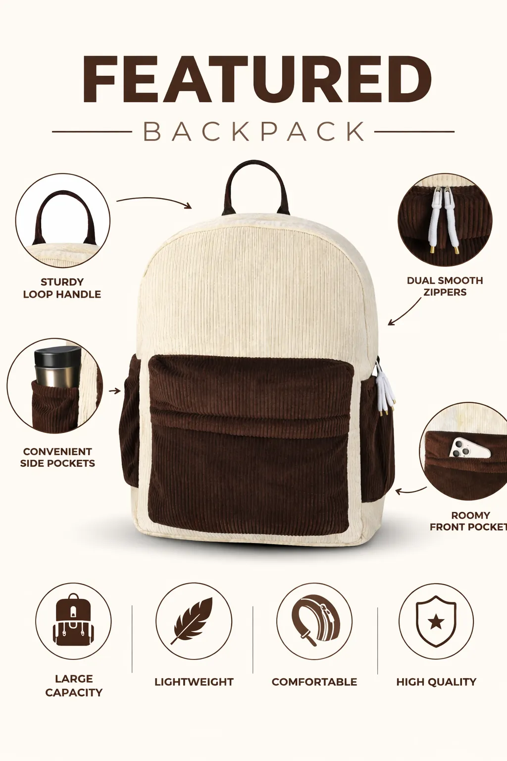 ENSAC Kids Velvet  Backpack – White & Brown ensacworld