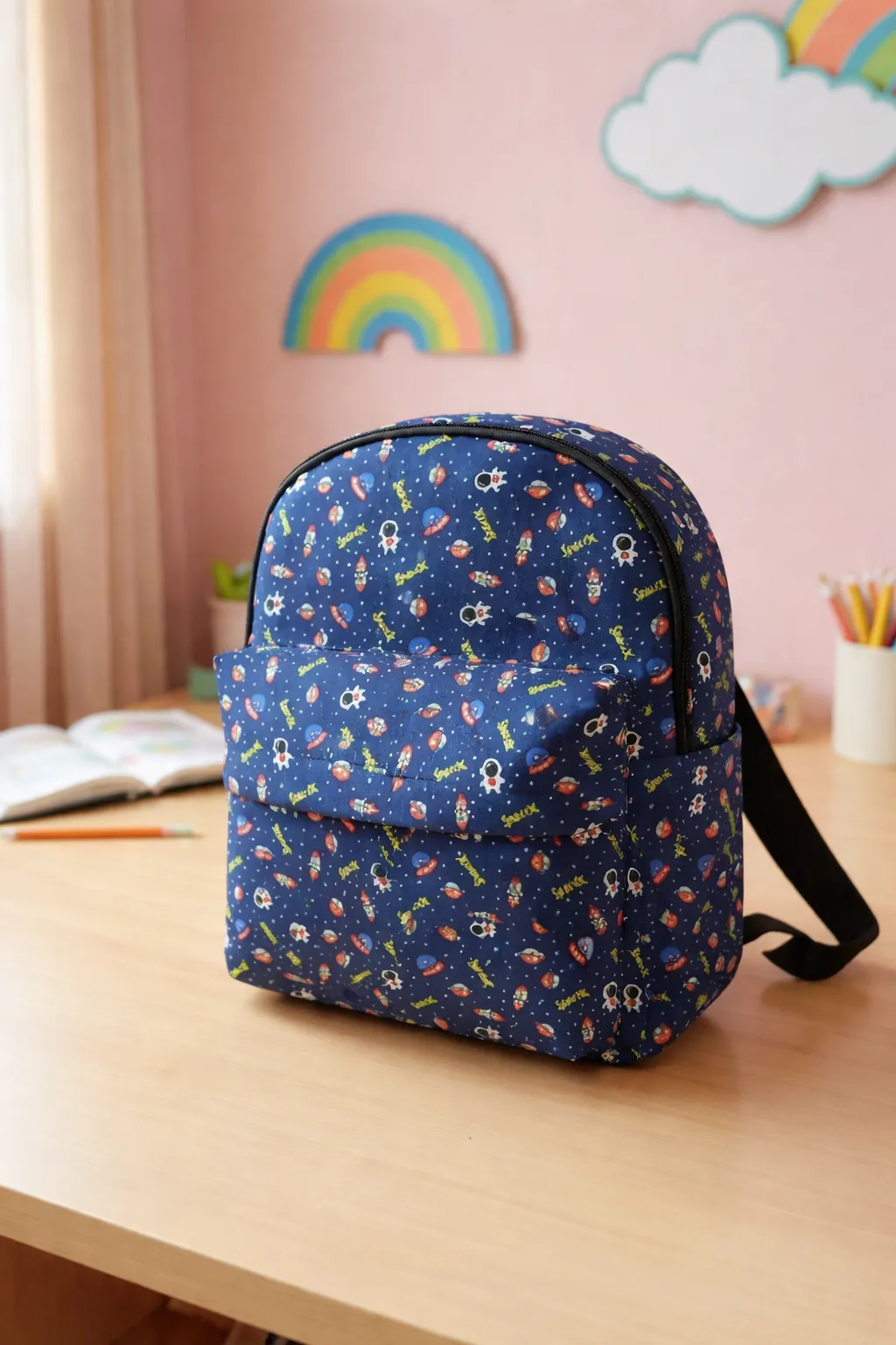 Blue backpack with colorful patterns on a wooden desk with a pink wall and rainbow decorations in the background BY ENSAC.