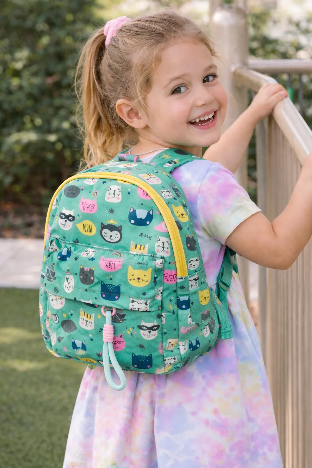 Young girl wearing a green backpack with cat pattern outdoors BY ENSAC