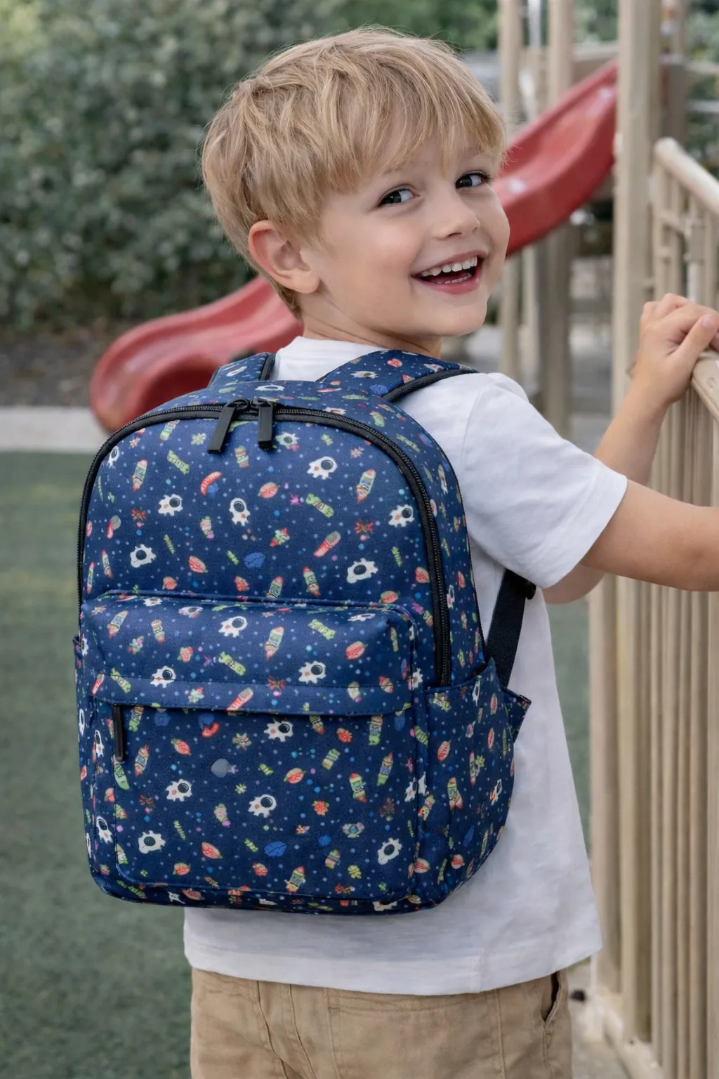 Child wearing a blue backpack with floral pattern on a playground