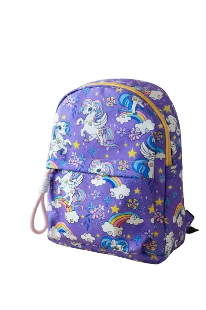 Purple backpack with unicorn and rainbow patterns on a white background by ENSAC
