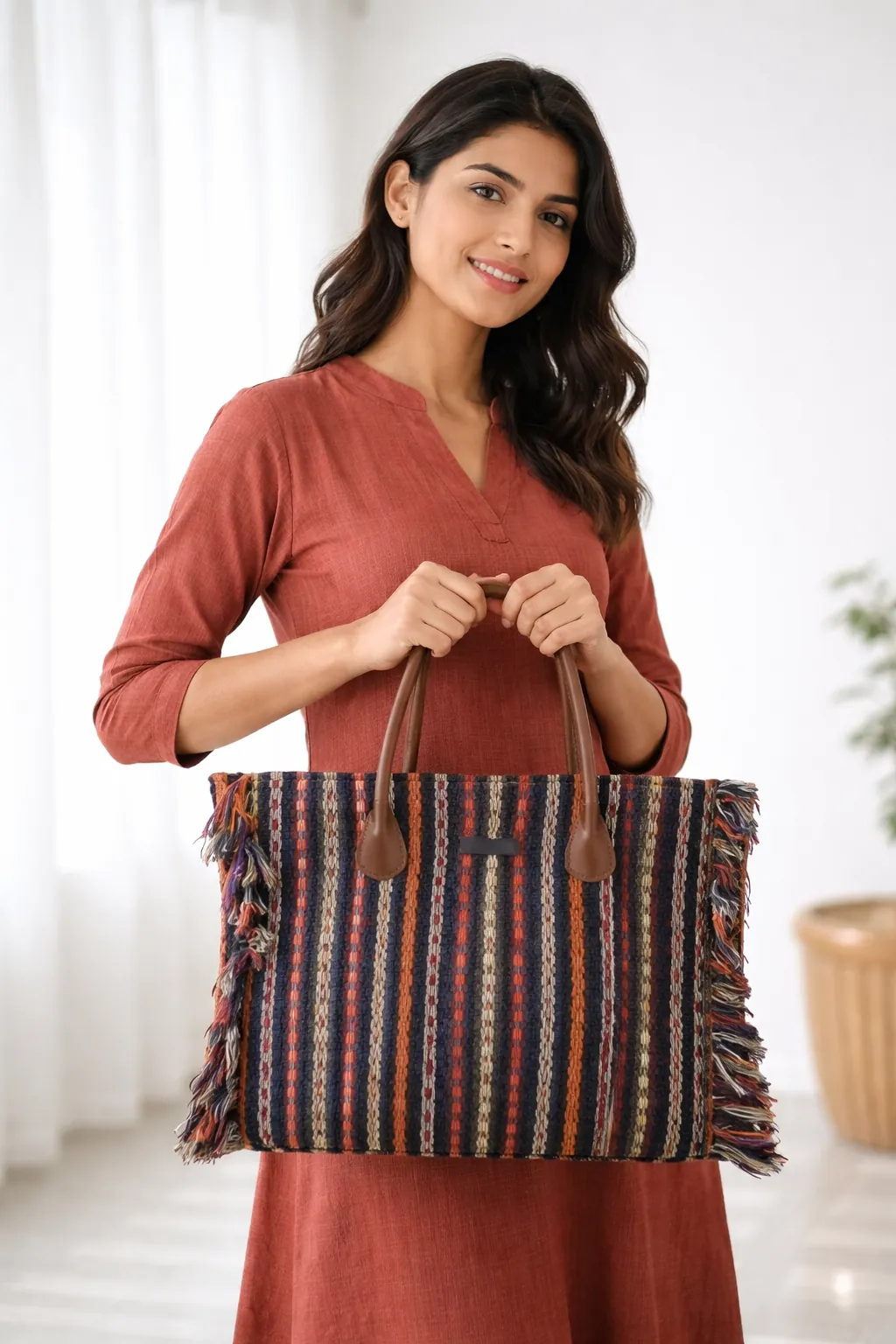 Woman holding a colorful striped bag indoors BY ENSAC
