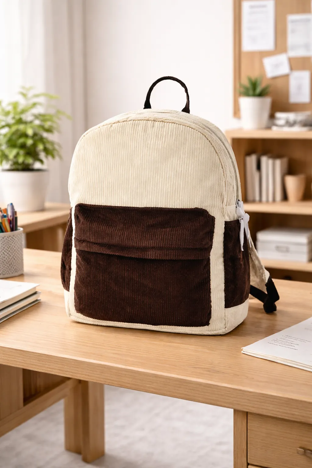 Two-tone beige and brown backpack on a wooden desk with a blurred background by ENSAC