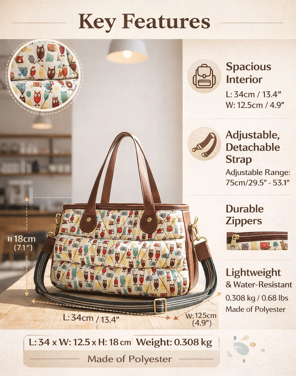 Printed Multi-Utility Travel Tote Bag with Detachable Strap