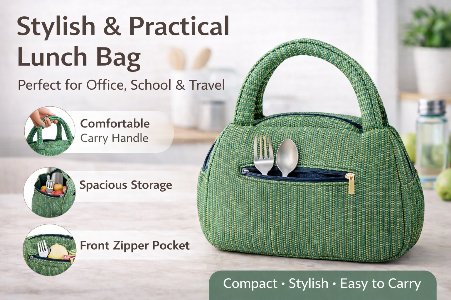 Green lunch bag with features highlighted on a light background