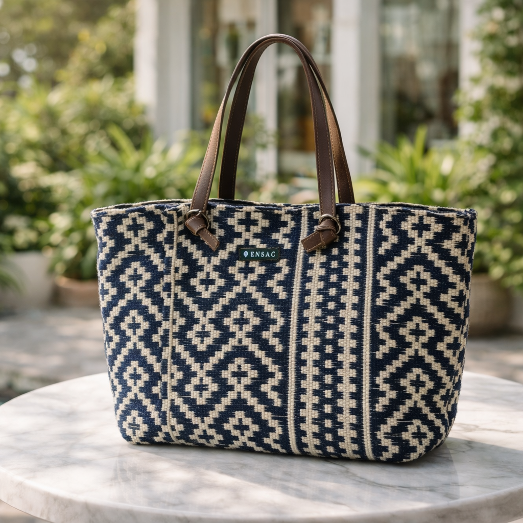 Blue Ethnic Pattern Shopping Tote Bag for Women | Stylish Fabric Carry Bag