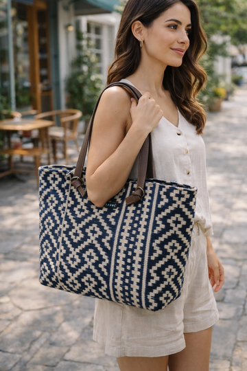 Blue Ethnic Pattern Shopping Tote Bag for Women | Stylish Fabric Carry Bag