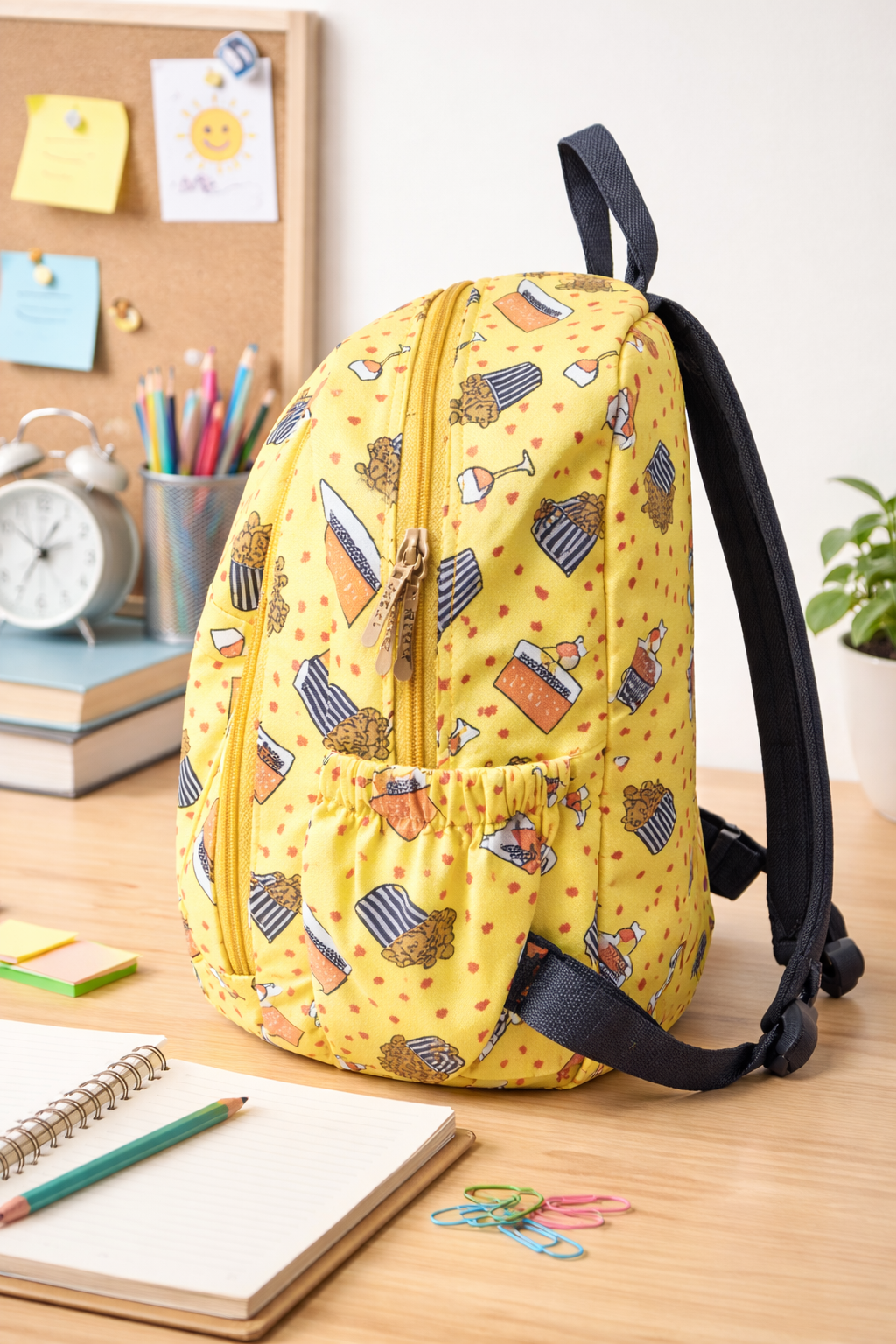 Yellow Movie Print Backpack – Fun Popcorn Theme School & Travel Bag