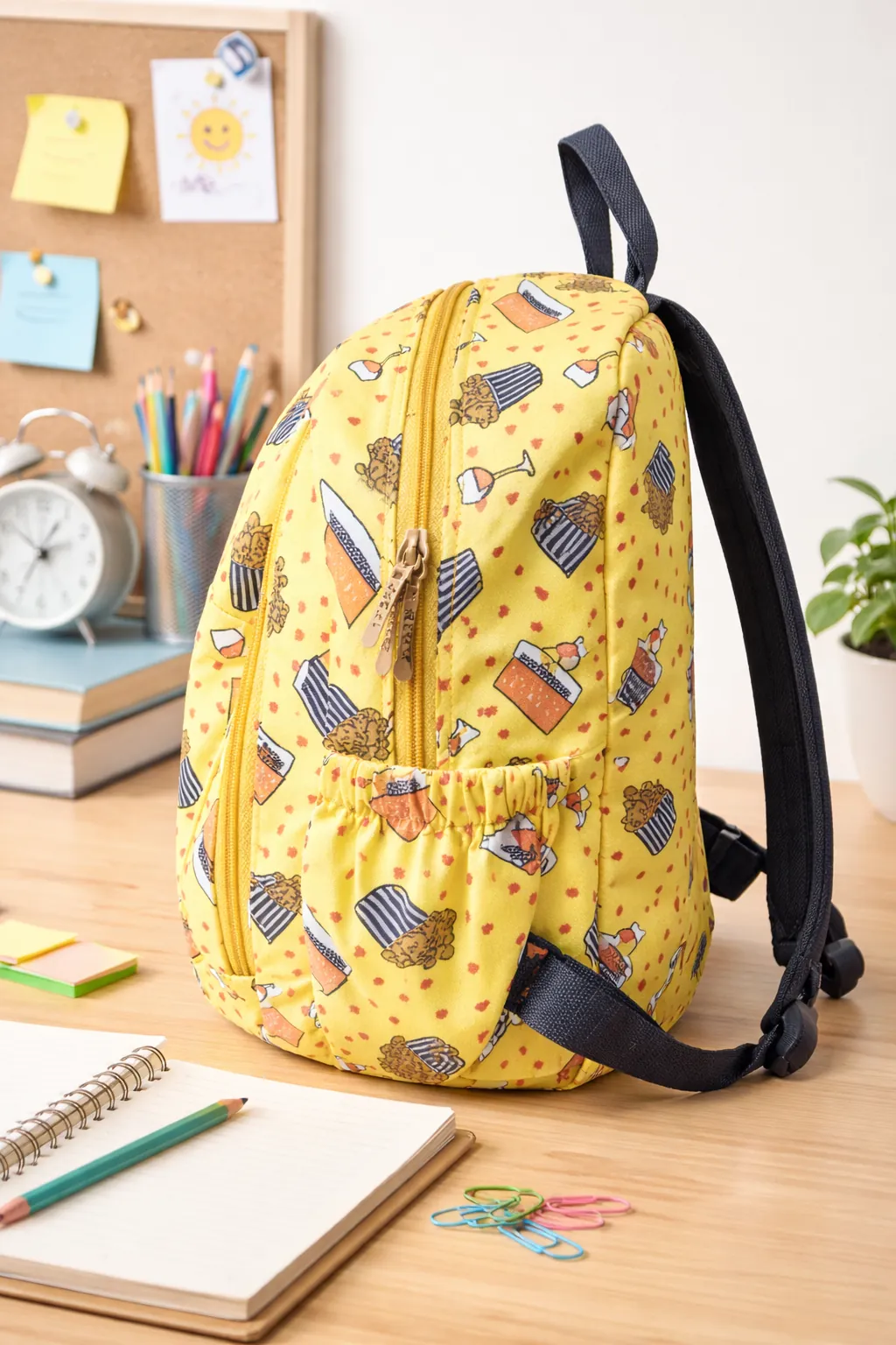 Yellow Movie Print Backpack – Fun Popcorn Theme School & Travel Bag ensacworld