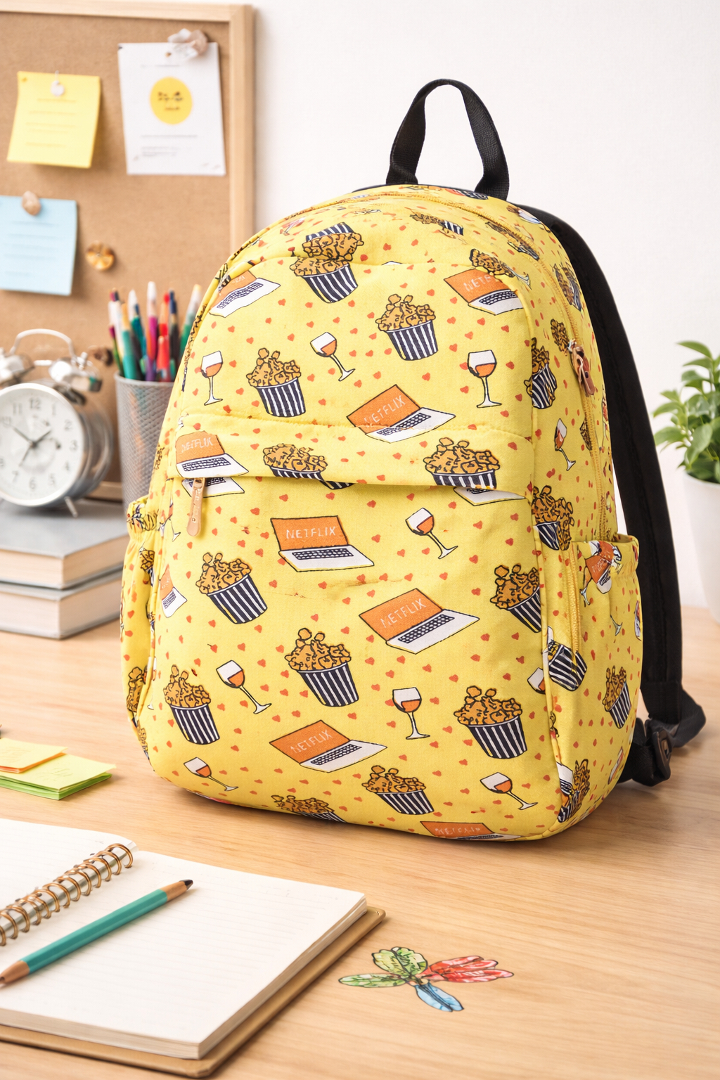 Yellow Movie Print Backpack – Fun Popcorn Theme School & Travel Bag