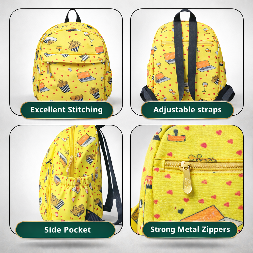 Yellow Movie Print Backpack – Fun Popcorn Theme School & Travel Bag