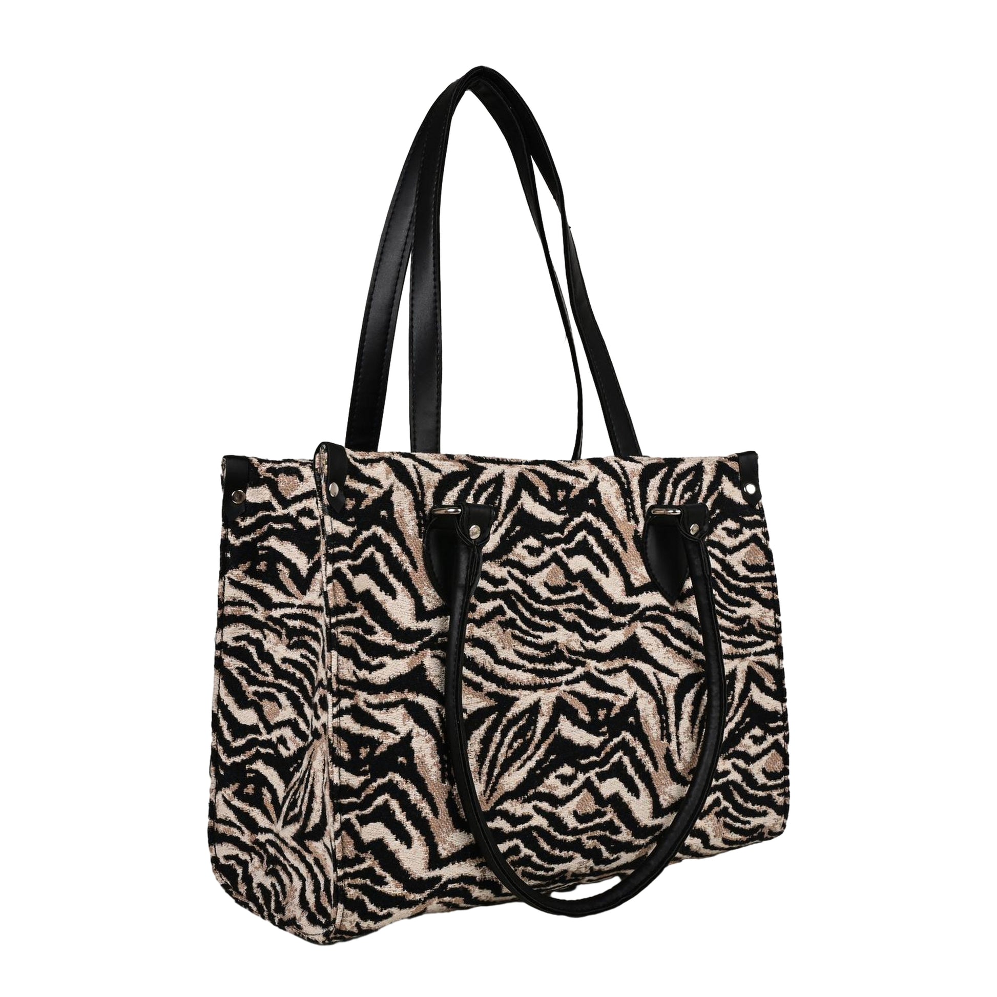 Ensac Women’s Zakat Fabric Handbag | Stylish Black & Beige Animal Print Tote Bag TOTE-KIARA-LEOPARD-1