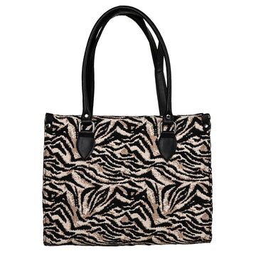 Ensac Women’s Zakat Fabric Handbag | Stylish Black & Beige Animal Print Tote Bag TOTE-KIARA-LEOPARD-1